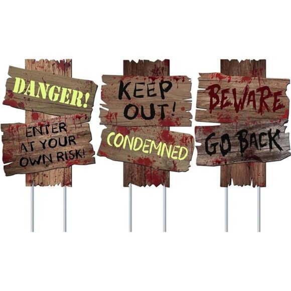Halloween Decorations Beware Signs Yard Stakes Warning Sign 3 Pcs ,16.5" x 12.2" - Picture 1 of 8